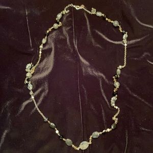 42” black/grey/silver beads plus chain necklace.